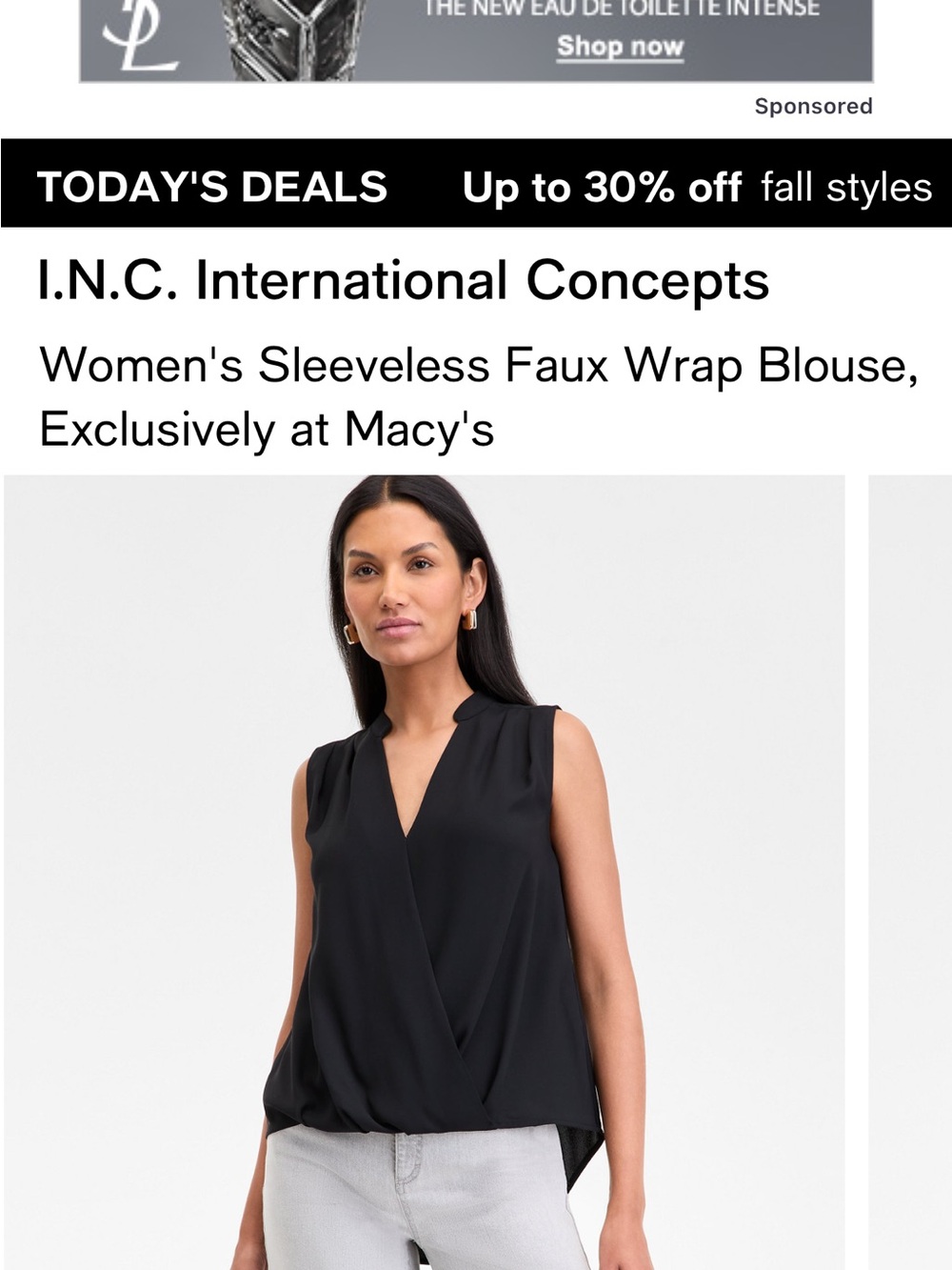 INC International Concepts Sleeveless Faux Wrap Blouse - Black